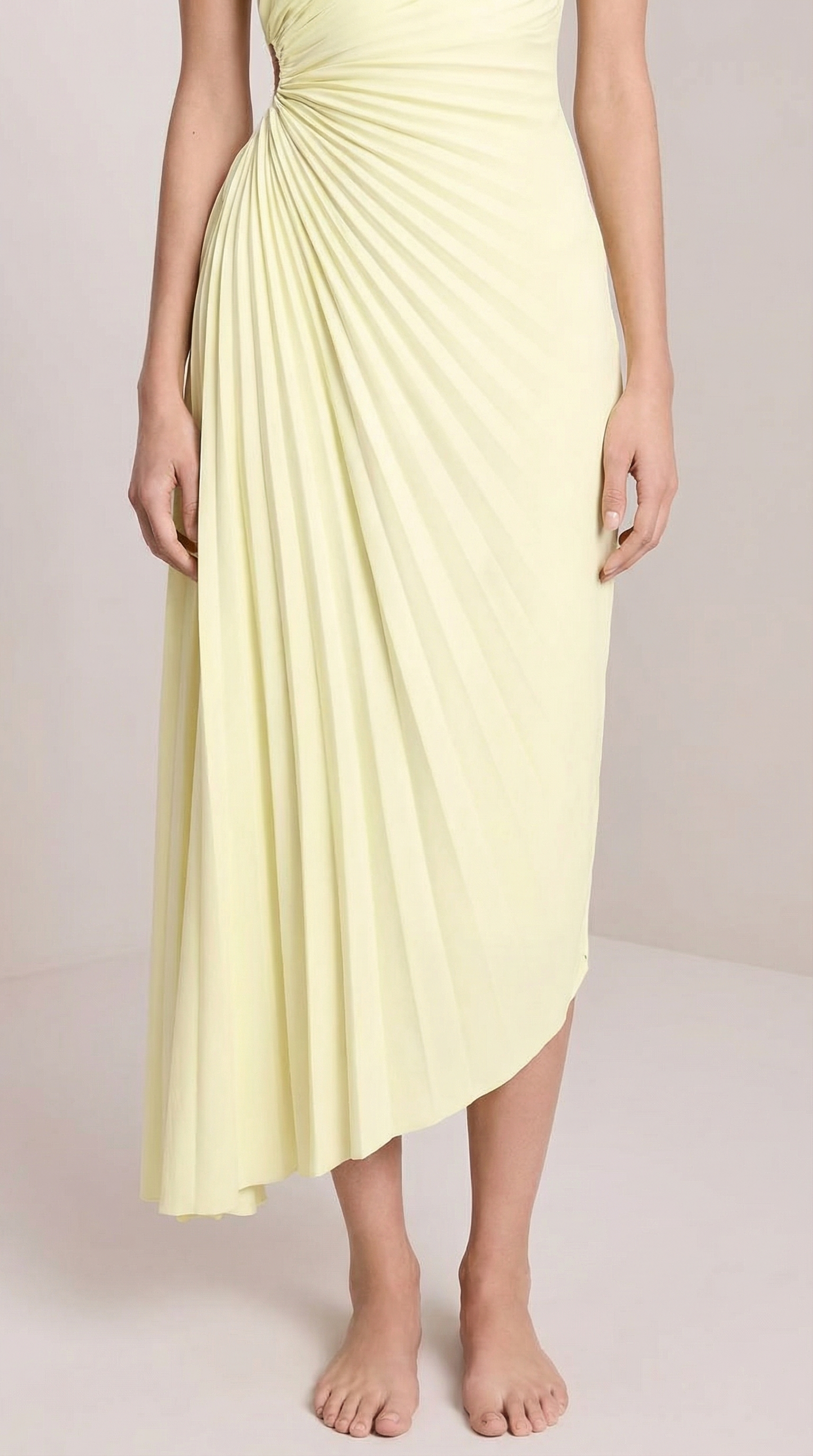 Lemon One-Shoulder Pleated Asymmetric Midi Party Dress