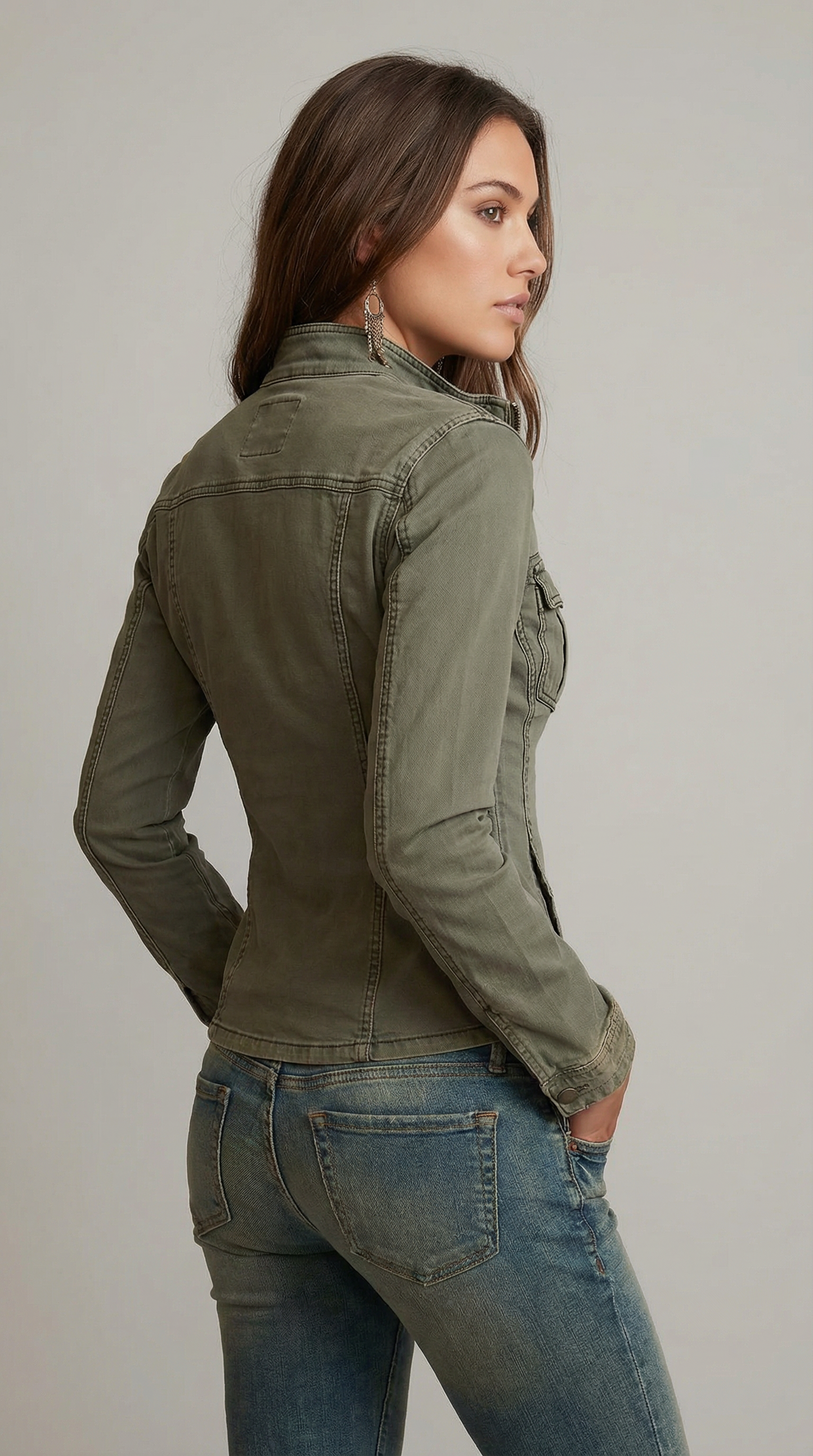 Retro-style Zipper Front Pocket Denim Blouse