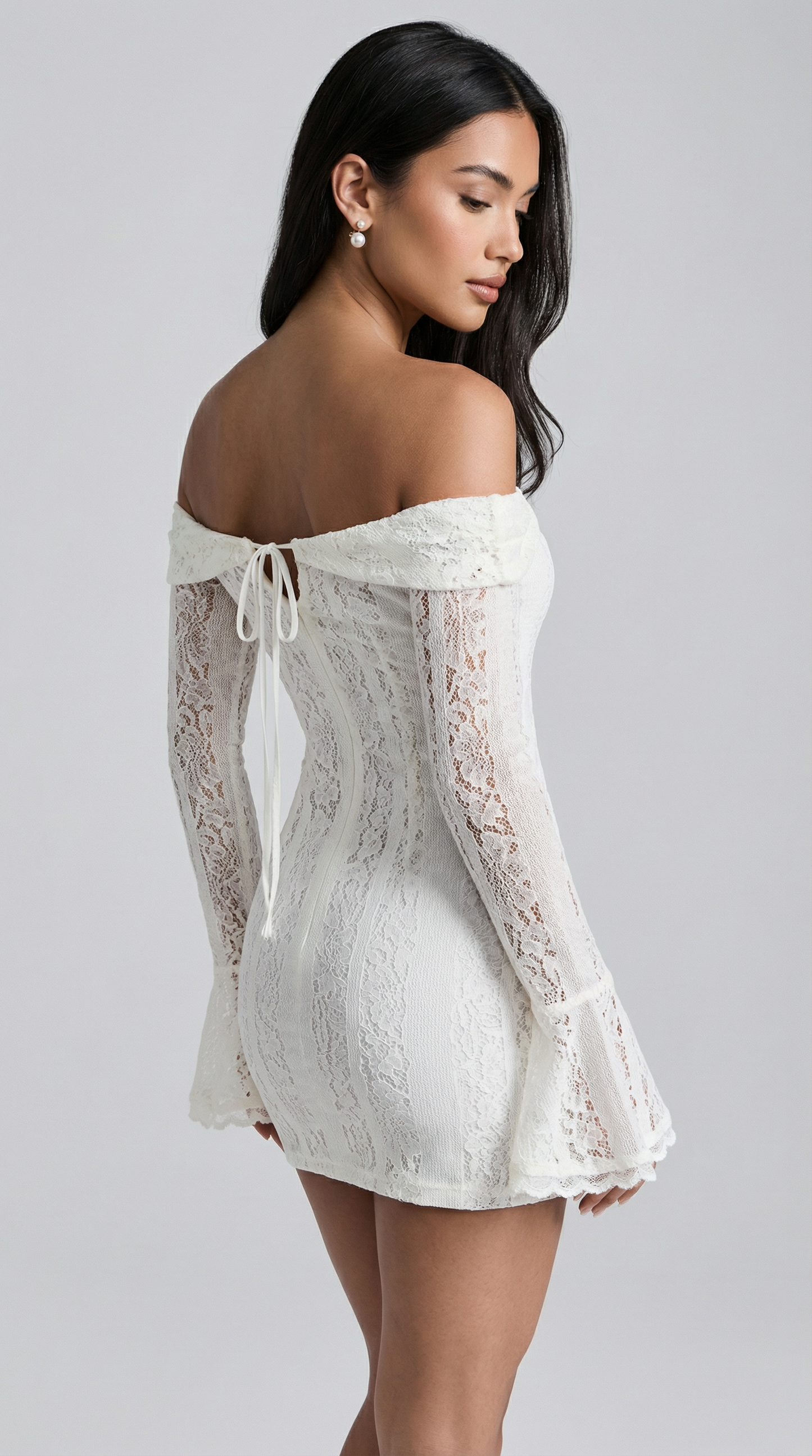 Off-Shoulder Lace Mini Dress with Flared Sleeves