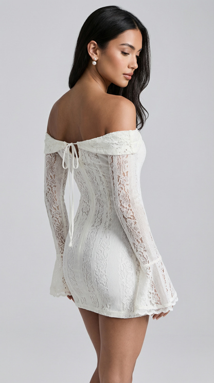 Off-Shoulder Lace Mini Dress with Flared Sleeves
