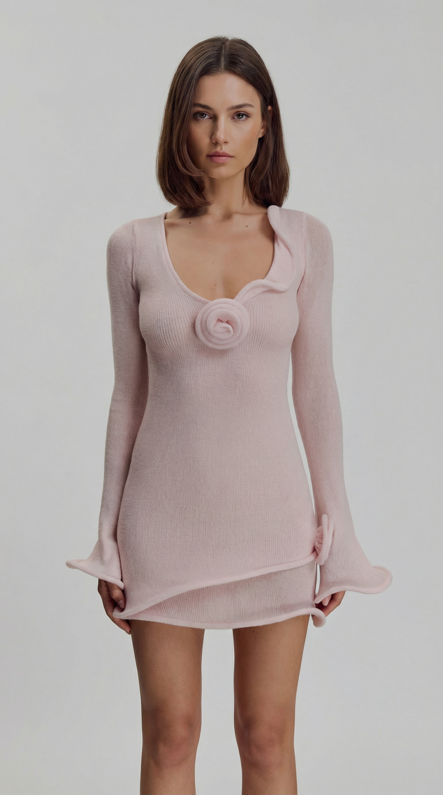 3D Flower Ruffled Mini Dress – Sexy Knit V-Neck Long Sleeve Spring Dress