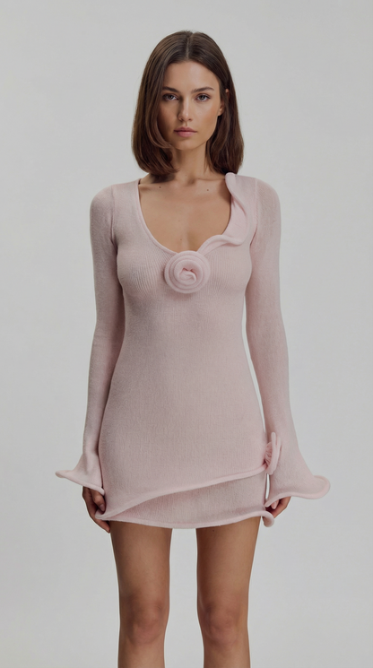 3D Flower Ruffled Mini Dress – Sexy Knit V-Neck Long Sleeve Spring Dress