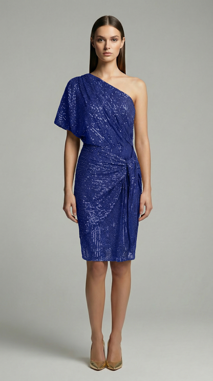 Vintage One-Shoulder Sequin Mini Dress – Elegant Pleated Cocktail & Party Dress