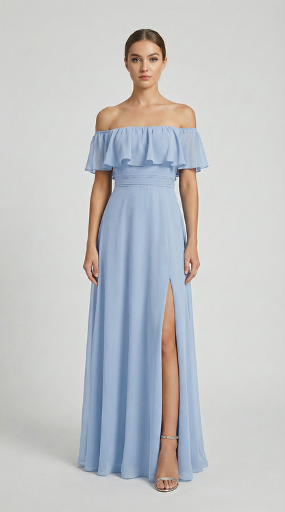 Elegant Off-The-Shoulder Maxi Bridesmaid Dress with High Slit