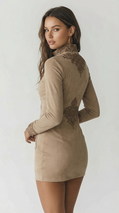 Vintage Beige Zip-Up Embroidered Microsuede Mini Dress With Pockets