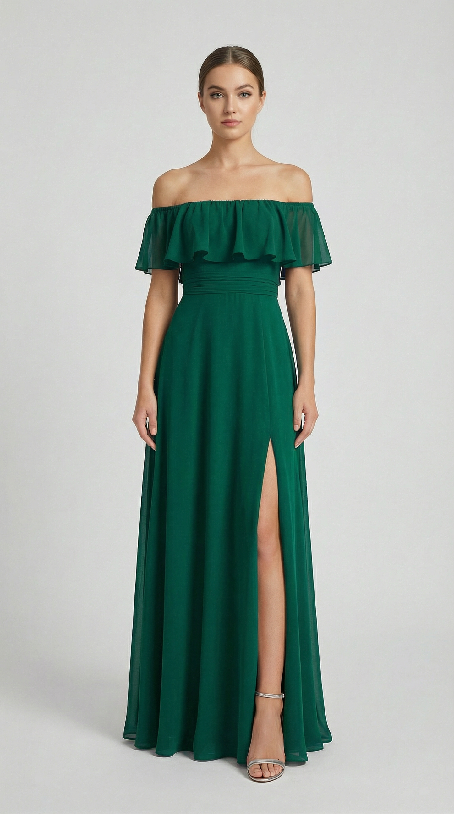Elegant Off-The-Shoulder Maxi Bridesmaid Dress with High Slit