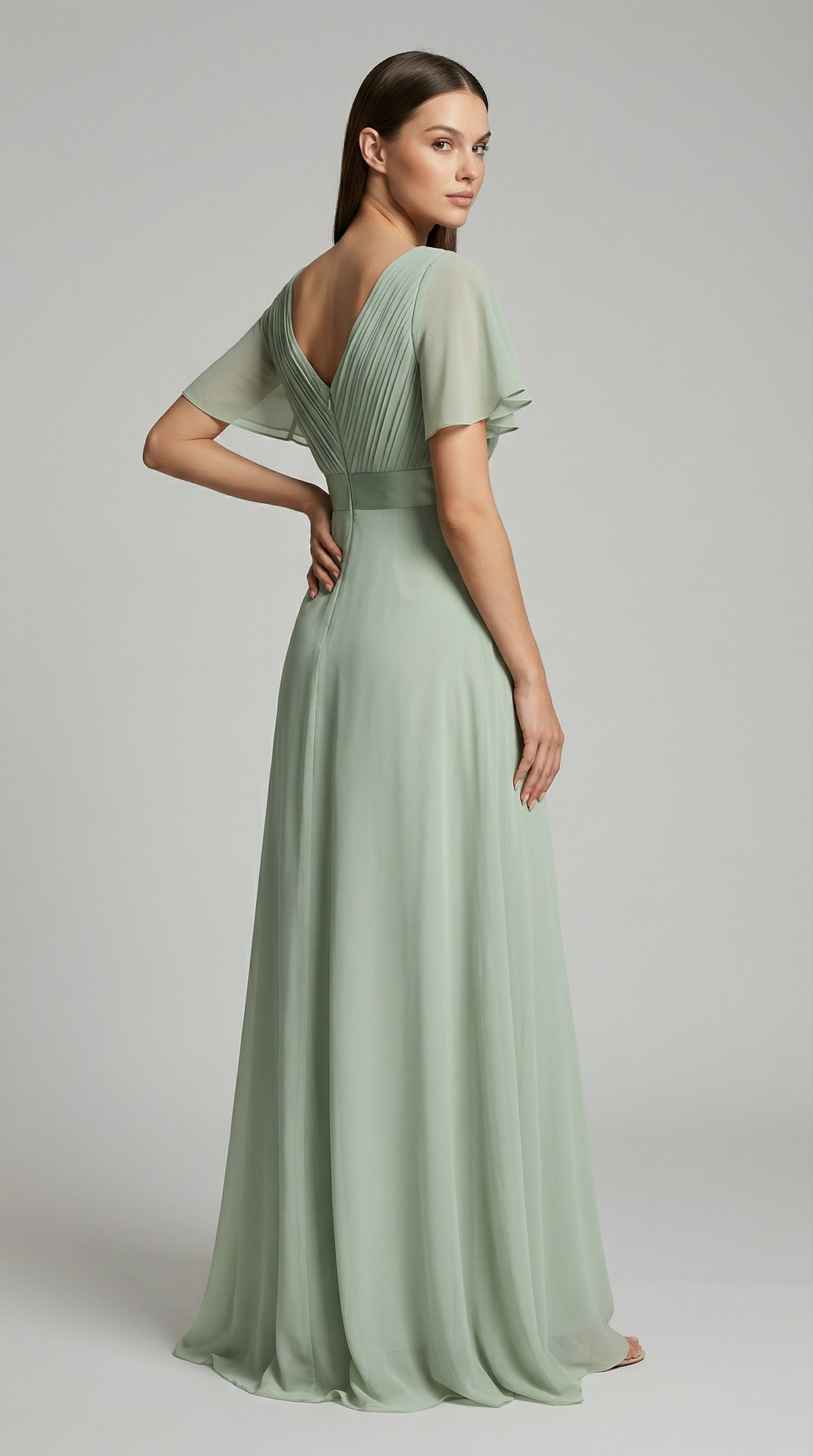 Elegant V-Neck Chiffon Maxi Evening Dress with Flutter Sleeves