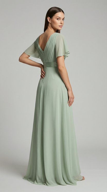 Elegant V-Neck Chiffon Maxi Evening Dress with Flutter Sleeves