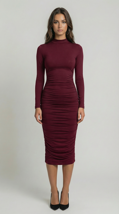 O-Neck Long Sleeve Bodycon Midi Dress – Slim Fit Party Style