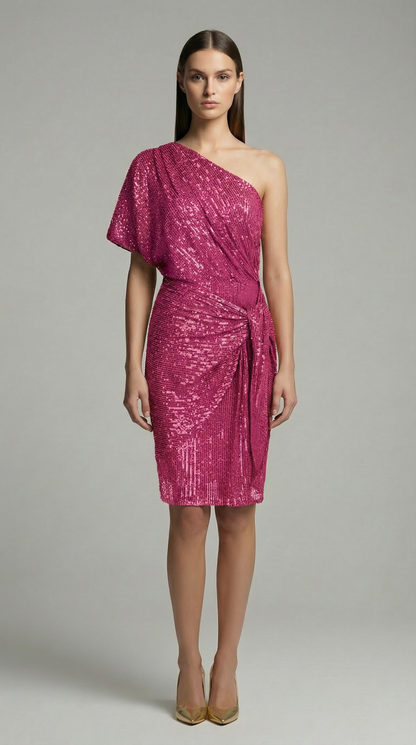 Vintage One-Shoulder Sequin Mini Dress – Elegant Pleated Cocktail & Party Dress
