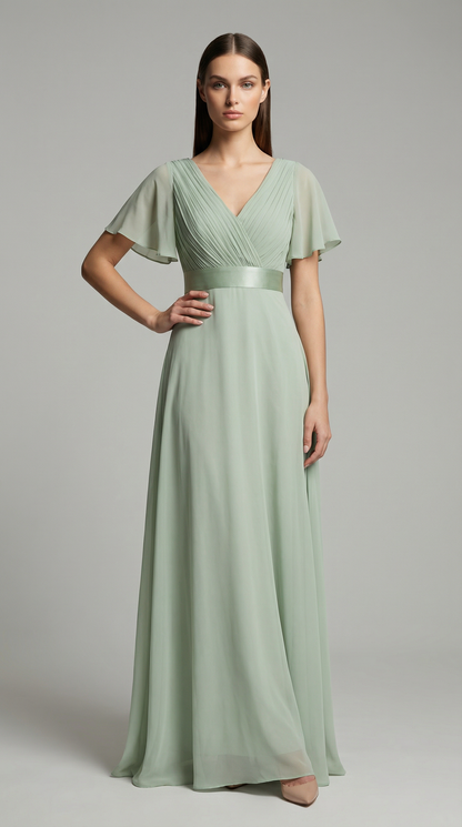 Elegant V-Neck Chiffon Maxi Evening Dress with Flutter Sleeves