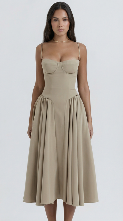 Khaki Corset Spaghetti Strap A-Line Midi Party Dress