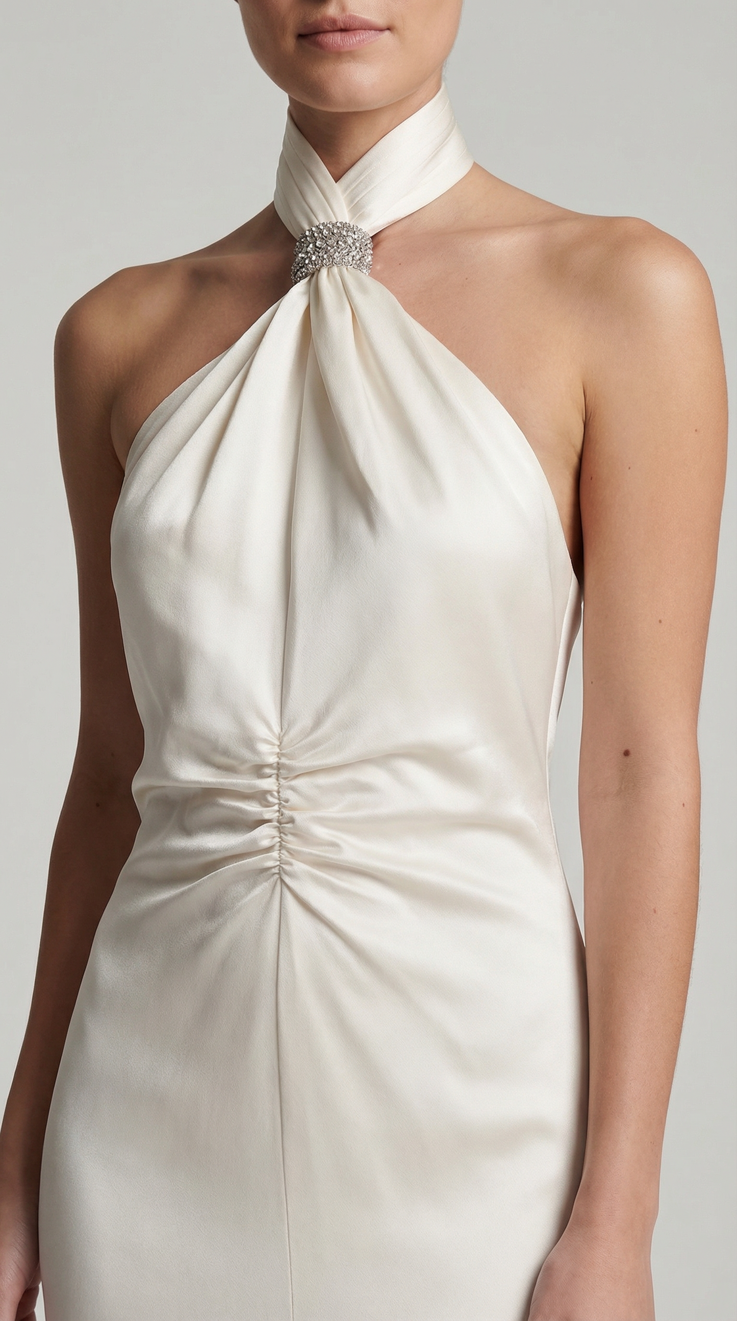 Solid Halter Neck Ruched Waist Sleek Maxi Dress