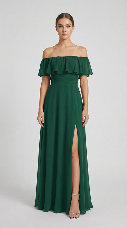 Elegant Off-The-Shoulder Maxi Bridesmaid Dress with High Slit