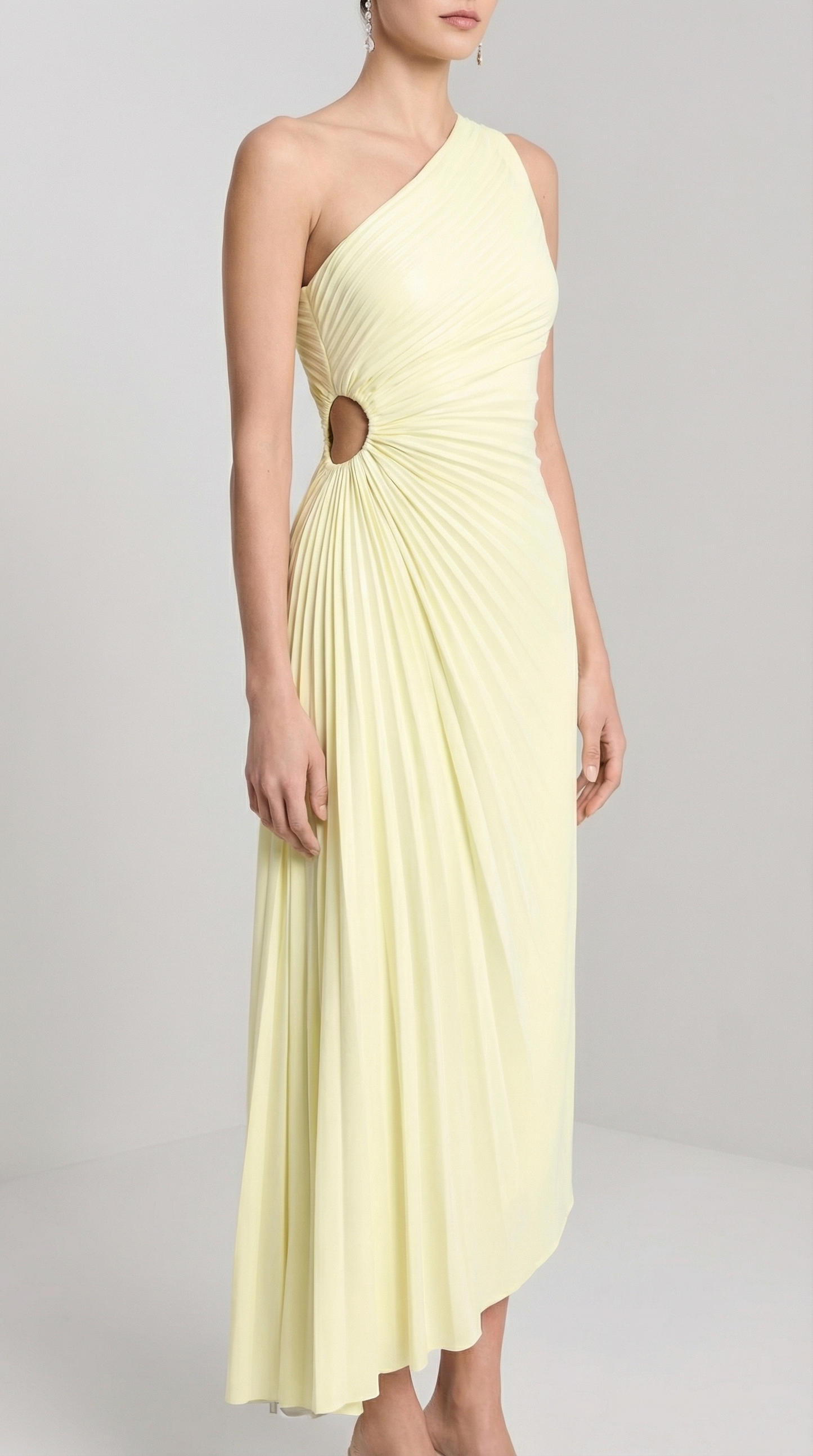 Lemon One-Shoulder Pleated Asymmetric Midi Party Dress