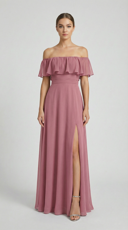 Elegant Off-The-Shoulder Maxi Bridesmaid Dress with High Slit