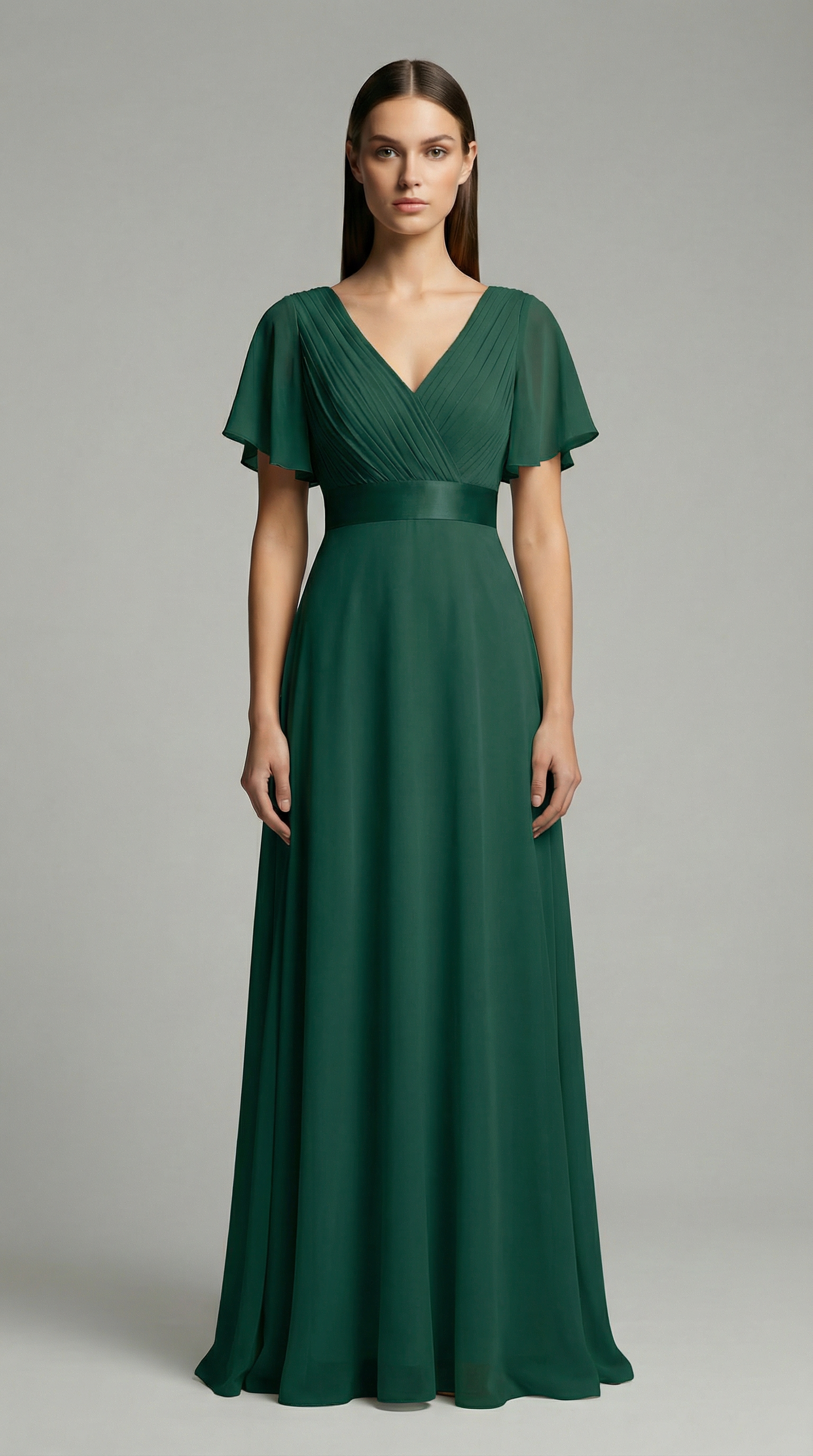 Elegant V-Neck Chiffon Maxi Evening Dress with Flutter Sleeves