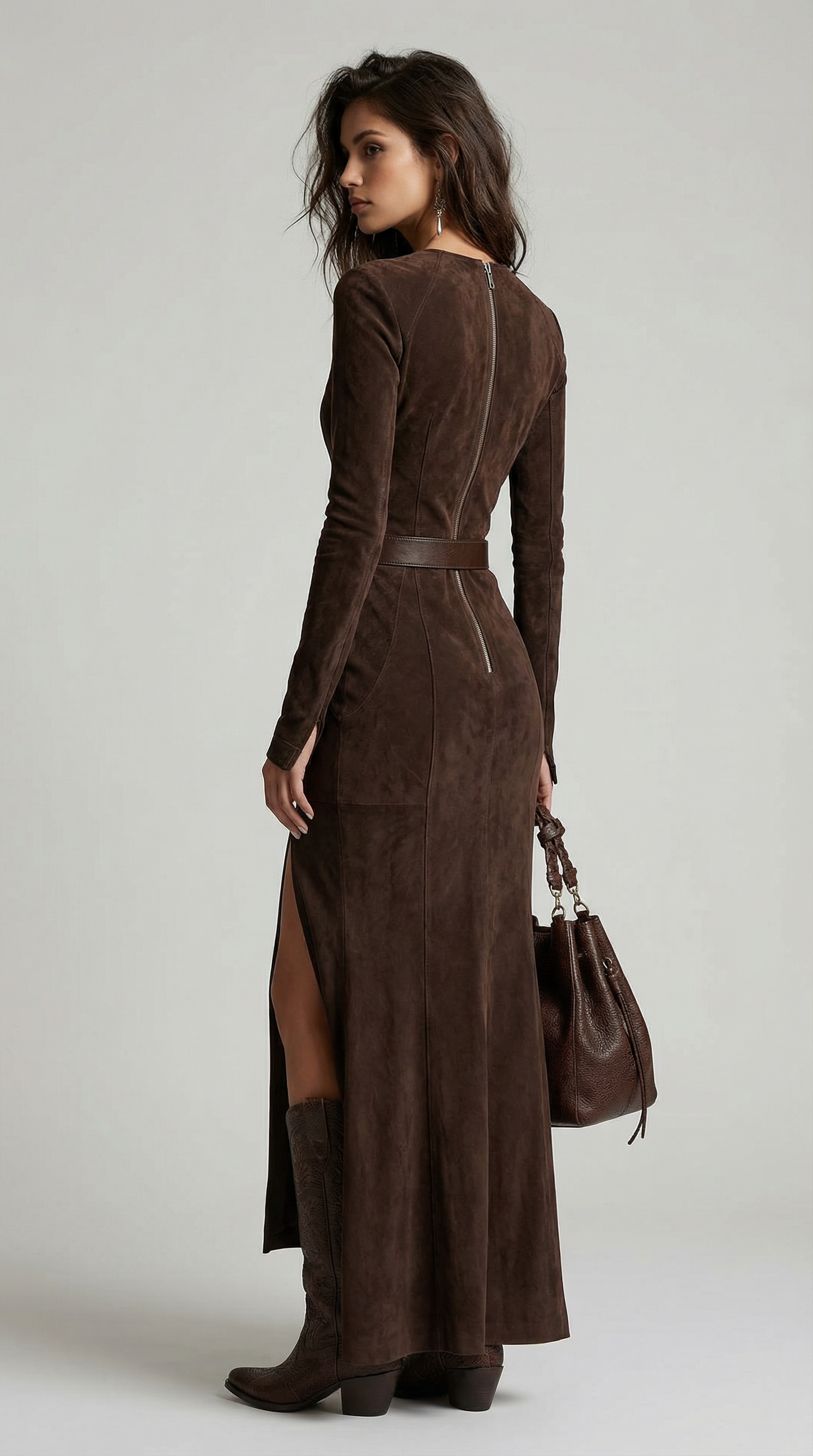 Vintage Brown V-Neck Zipper Slit Maxi Dress