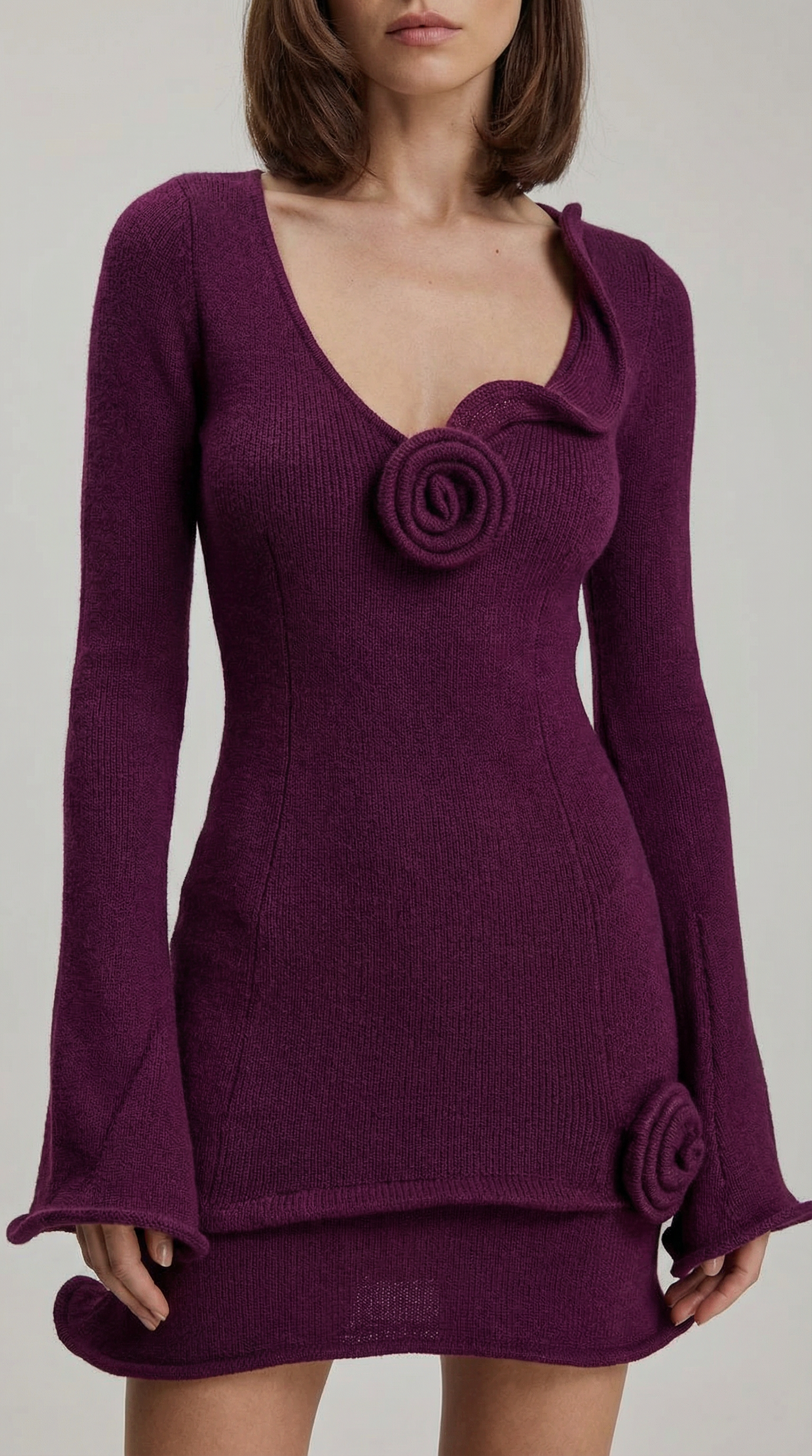 3D Flower Ruffled Mini Dress – Sexy Knit V-Neck Long Sleeve Spring Dress