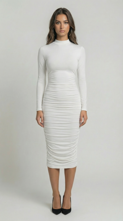 O-Neck Long Sleeve Bodycon Midi Dress – Slim Fit Party Style