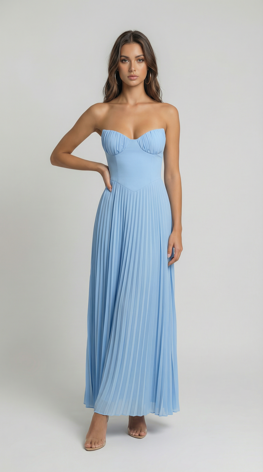 Elegant Strapless Pleated Maxi Dress – Summer Holiday Party Dress