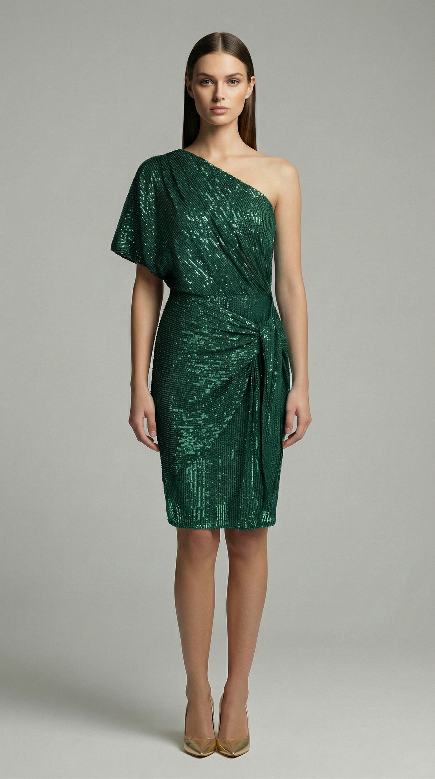 Vintage One-Shoulder Sequin Mini Dress – Elegant Pleated Cocktail & Party Dress