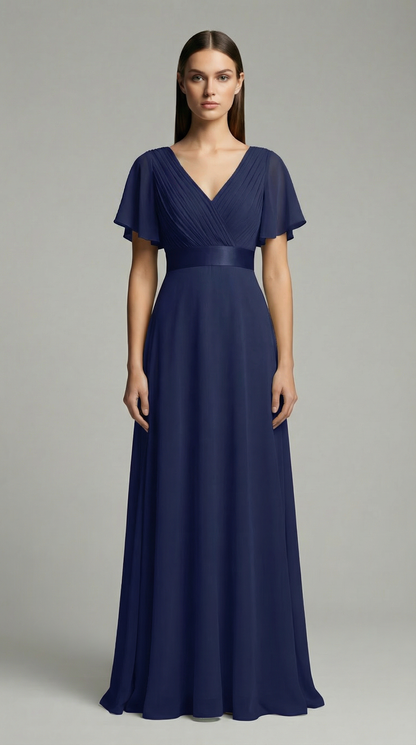 Elegant V-Neck Chiffon Maxi Evening Dress with Flutter Sleeves