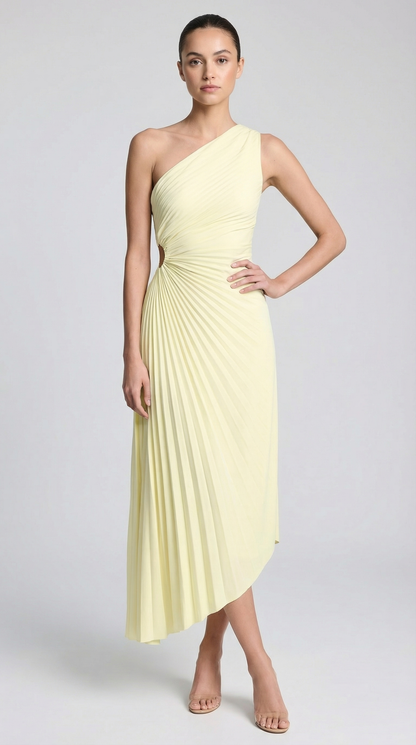 Lemon One-Shoulder Pleated Asymmetric Midi Party Dress