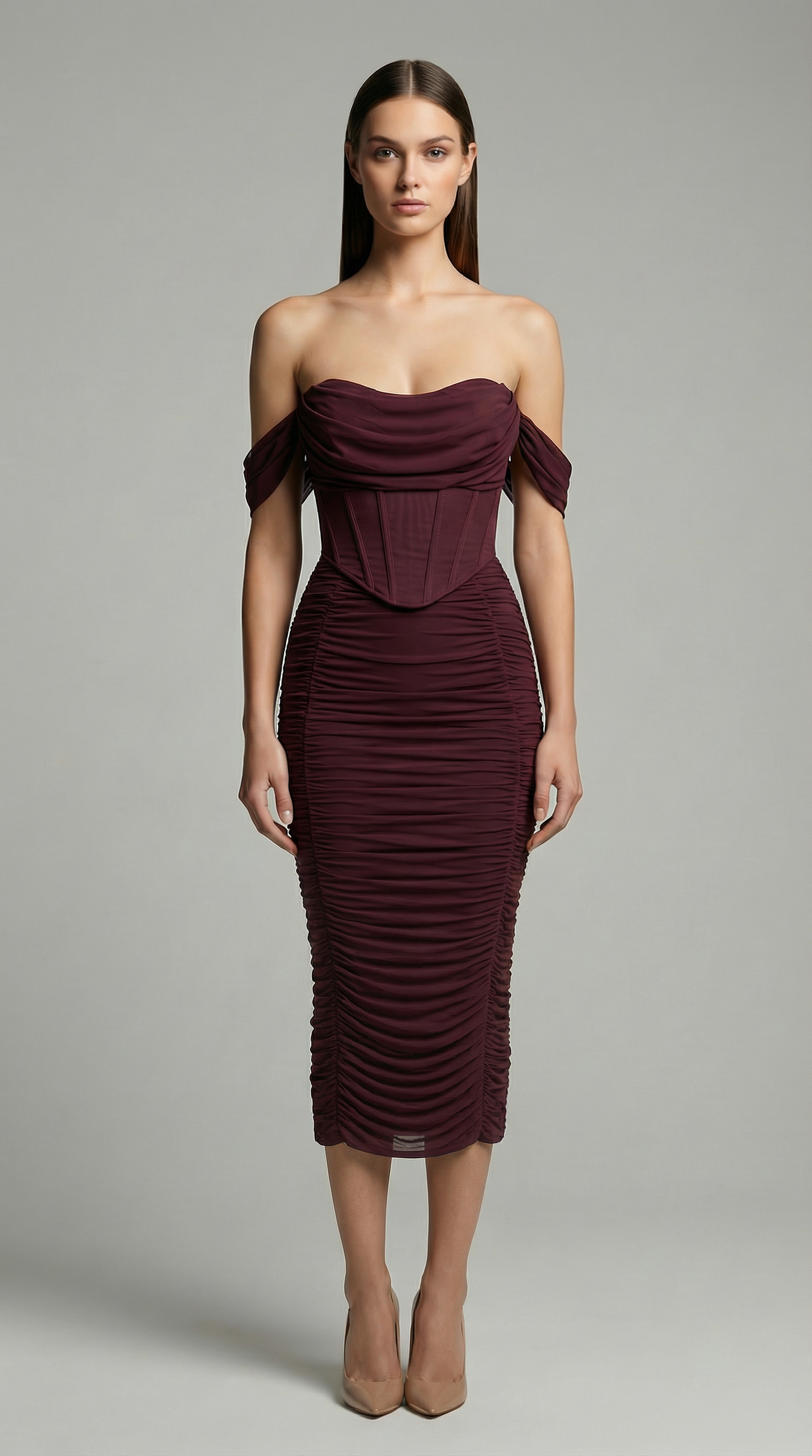 Off-The-Shoulder Ruched Corset Midi Dress – Elegant Bodycon Cocktail Dress