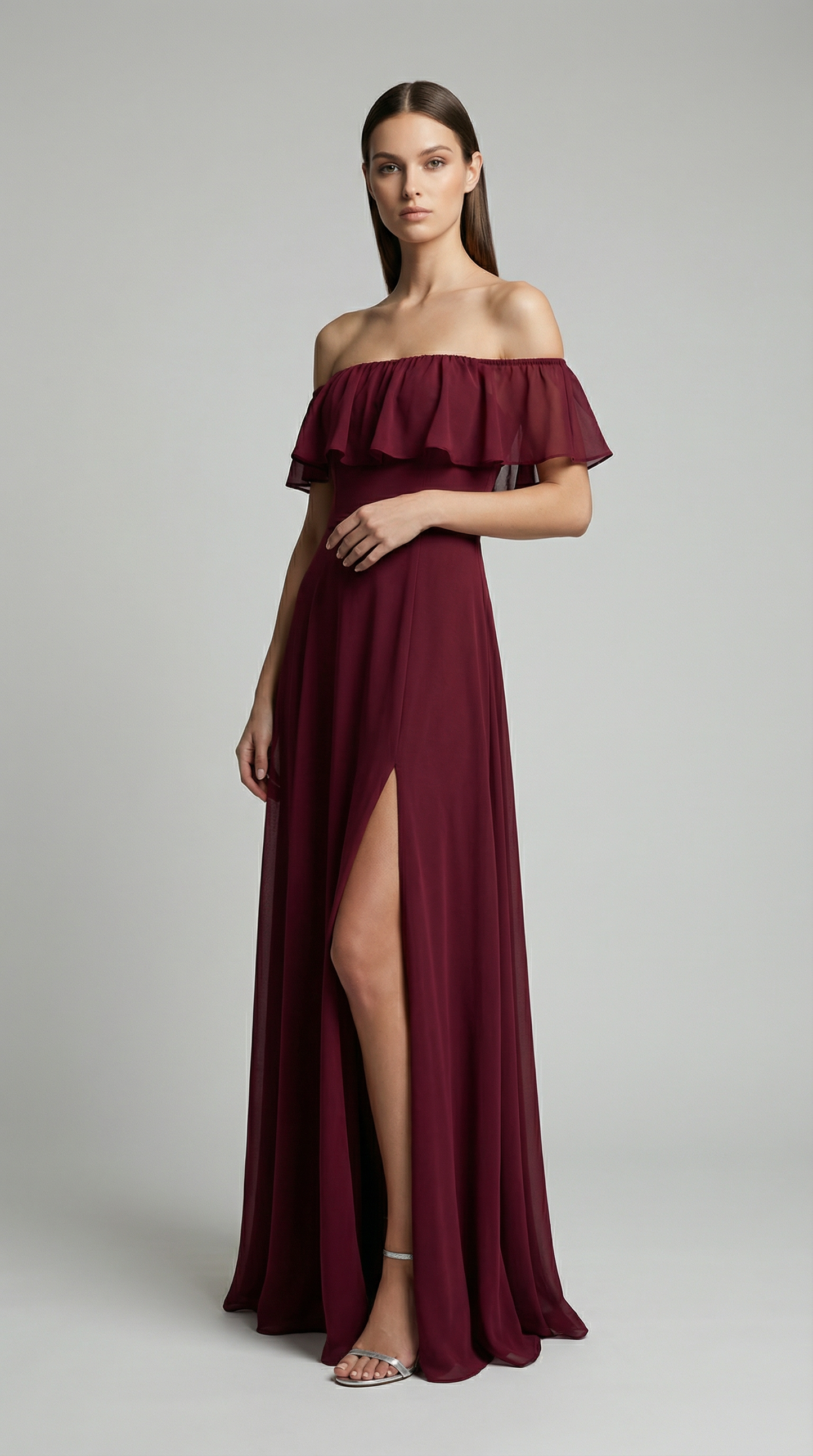Elegant Off-The-Shoulder Maxi Bridesmaid Dress with High Slit