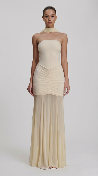 Strapless Ruched Mesh Patchwork Maxi Dress