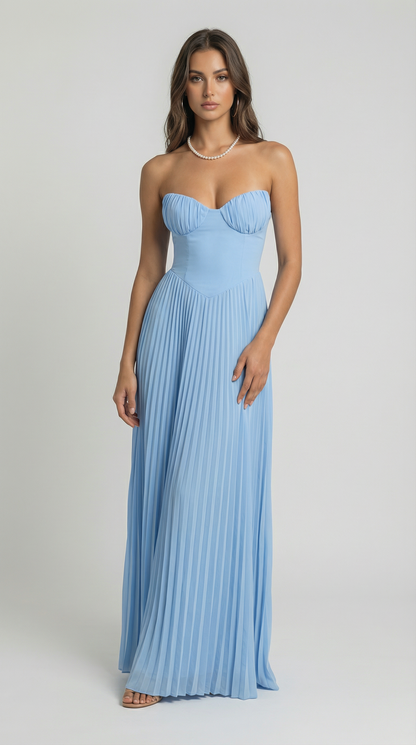 Elegant Strapless Pleated Maxi Dress – Summer Holiday Party Dress