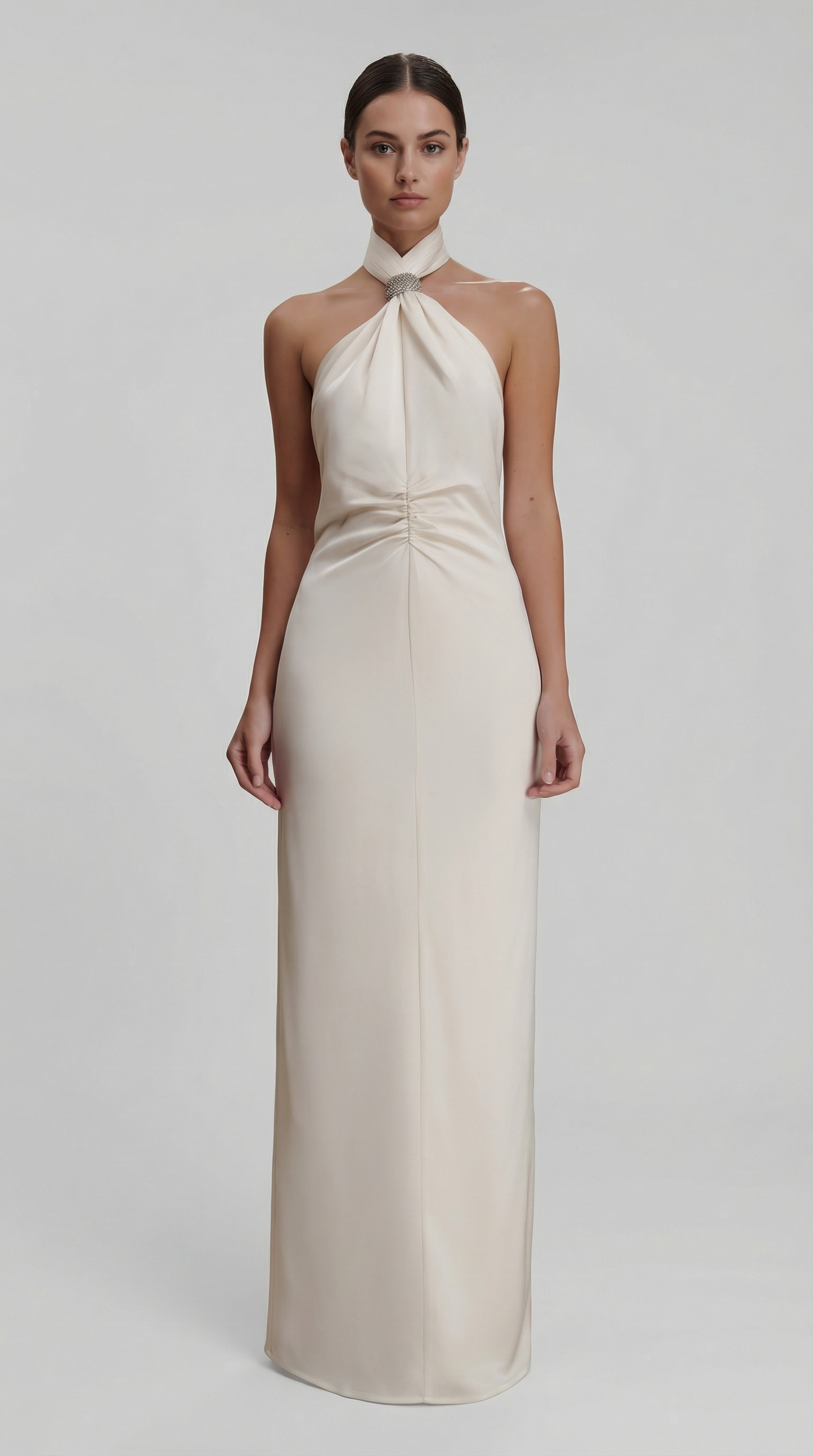 Solid Halter Neck Ruched Waist Sleek Maxi Dress