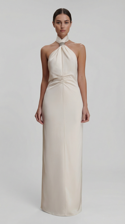 Solid Halter Neck Ruched Waist Sleek Maxi Dress