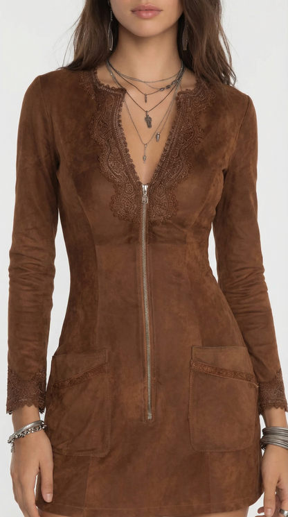Vintage Caramel Brown Lace Trim And Zip Front Suede Mini Dress