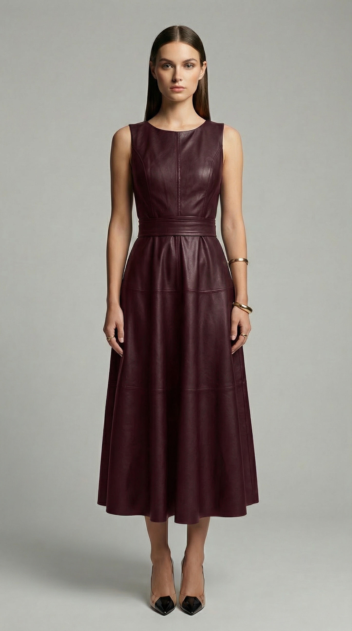 Elegant Sleeveless PU Leather A-Line Midi Dress with Zip Back & Pleated Design