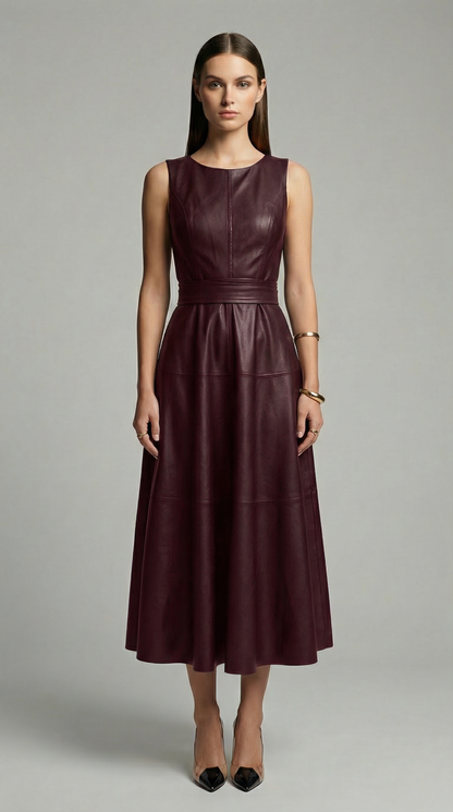 Elegant Sleeveless PU Leather A-Line Midi Dress with Zip Back & Pleated Design