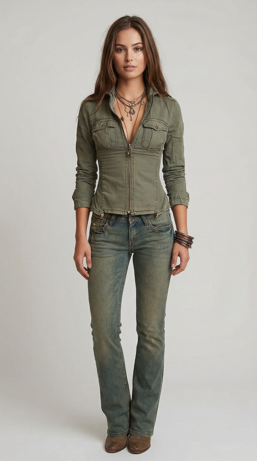 Retro-style Zipper Front Pocket Denim Blouse