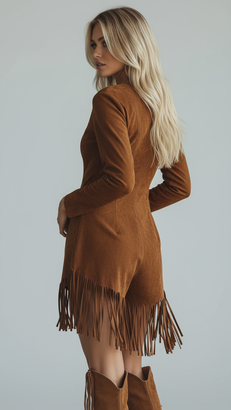 Western Style Tassel Brown Faux Suede Long Seleve Mini Dress