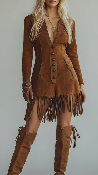 Western Style Tassel Brown Faux Suede Long Seleve Mini Dress