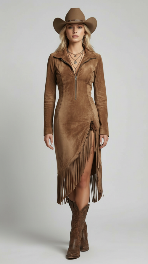 Suede Long-sleeved Irregular Tassel Hem Midi Dress