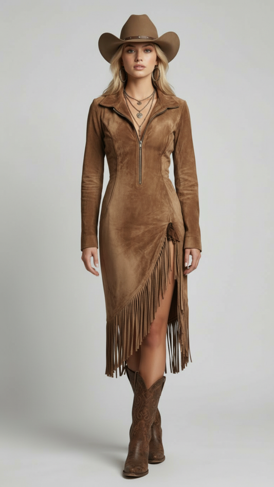 Suede Long-sleeved Irregular Tassel Hem Midi Dress