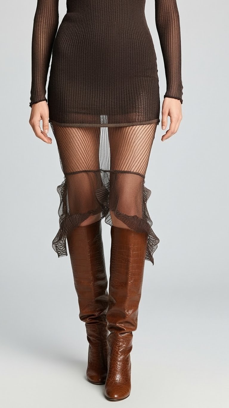 Ribbed Knit Mini Dress With Sheer Chiffon Hem