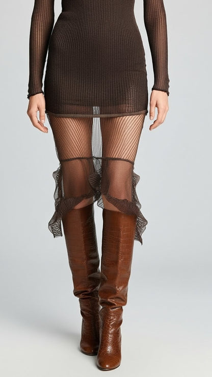 Ribbed Knit Mini Dress With Sheer Chiffon Hem