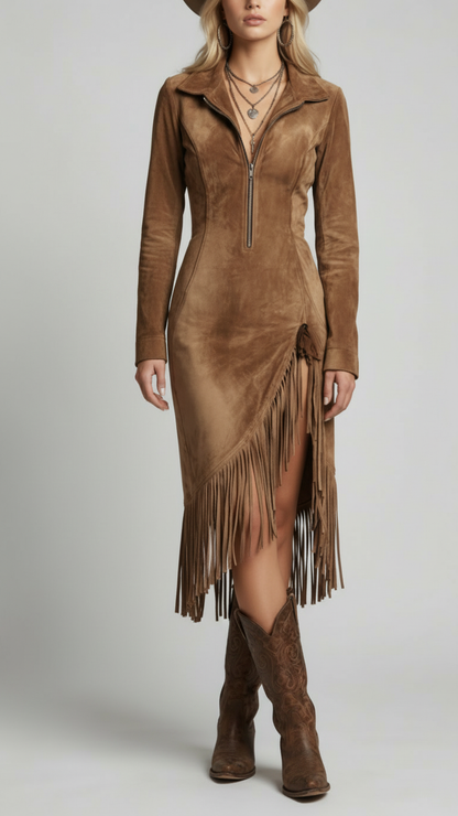 Suede Long-sleeved Irregular Tassel Hem Midi Dress