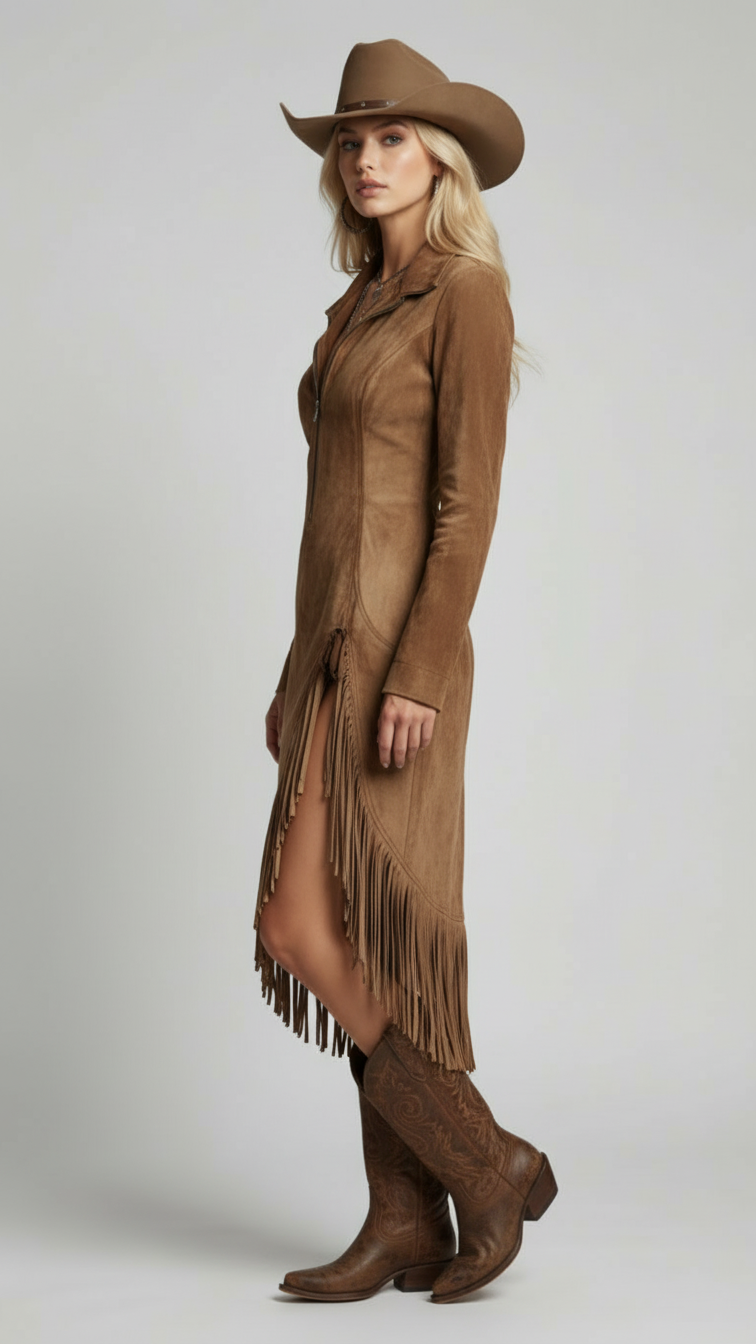 Suede Long-sleeved Irregular Tassel Hem Midi Dress