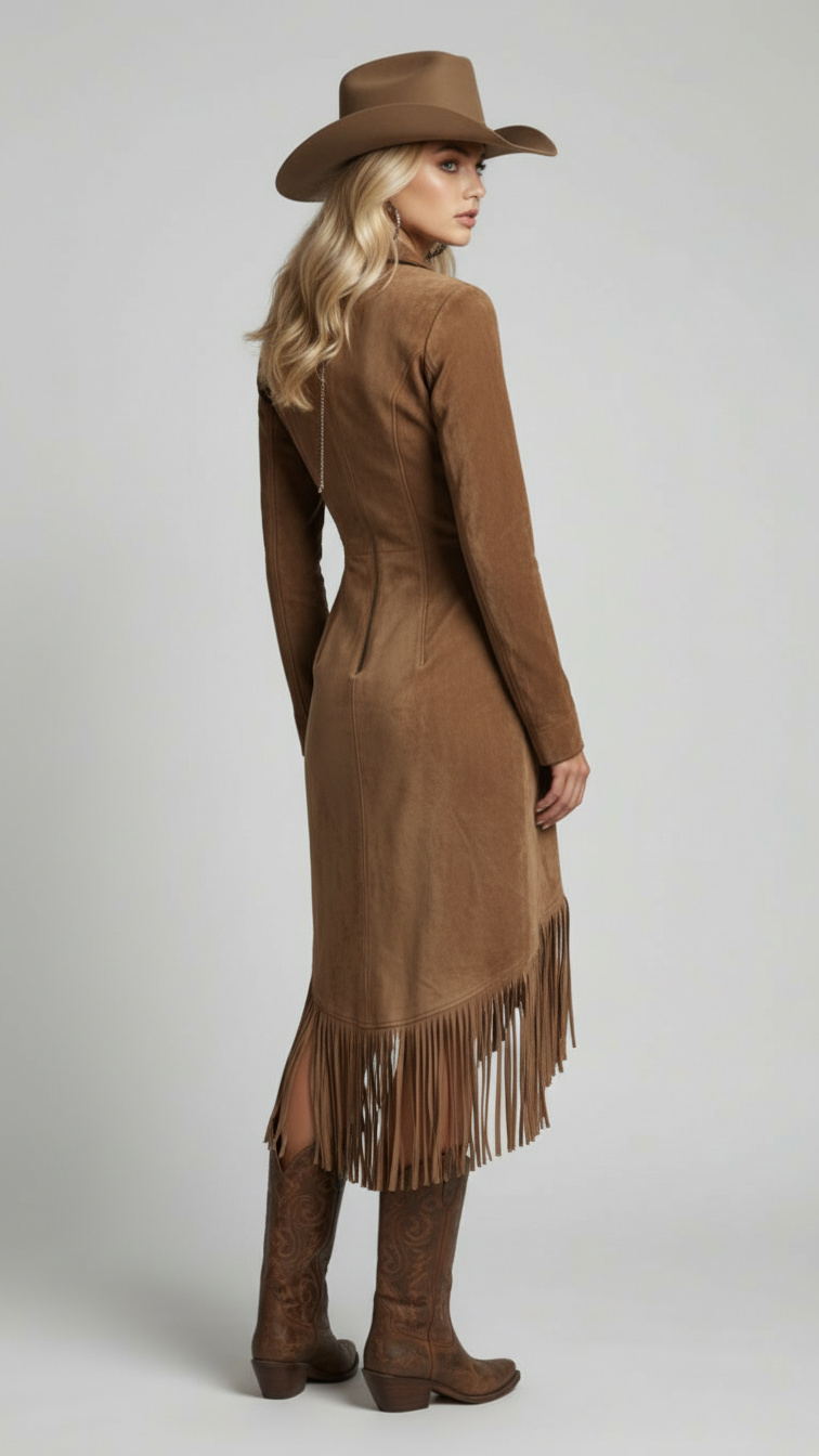 Suede Long-sleeved Irregular Tassel Hem Midi Dress