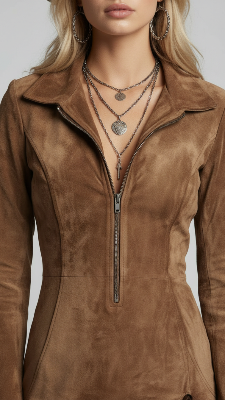 Suede Long-sleeved Irregular Tassel Hem Midi Dress