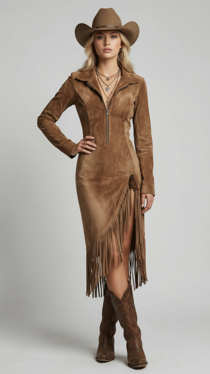 Suede Long-sleeved Irregular Tassel Hem Midi Dress