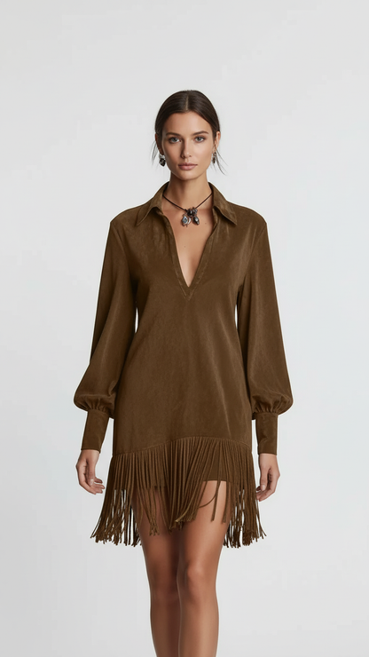 Retro Suede Tassel A-Line Mini Dress